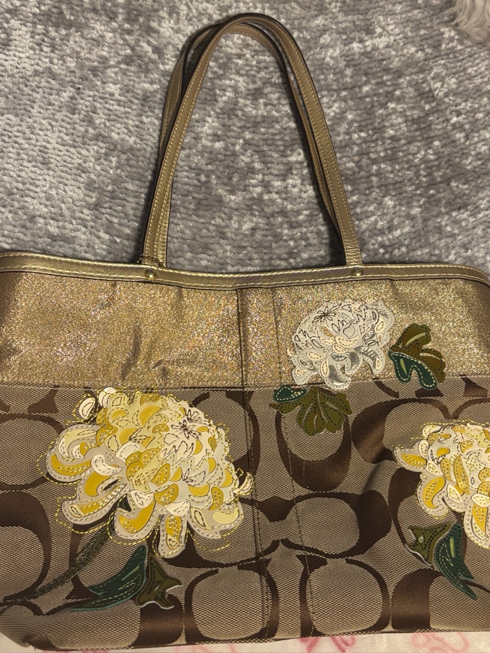 Coach Floral Appliqué logo satchel shoulder bag Gold & logo design leather trim